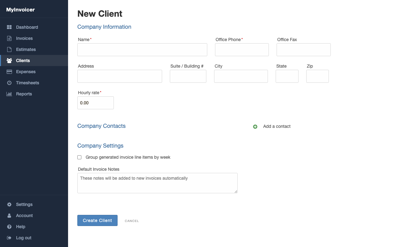 The New Client form with fields for company information, hourly rate, contacts, and settings.