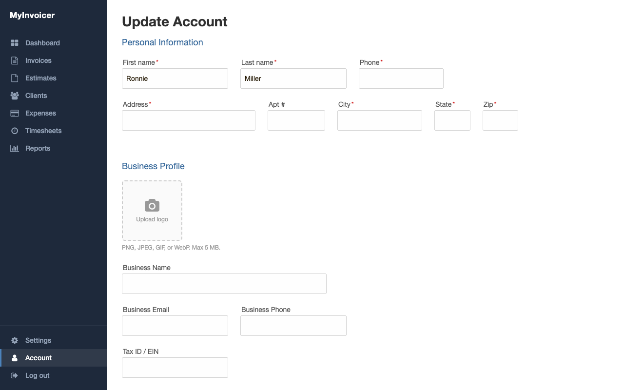 The Account page with the Business Profile section that shows fields for logo, business name, email, phone, and Tax ID.