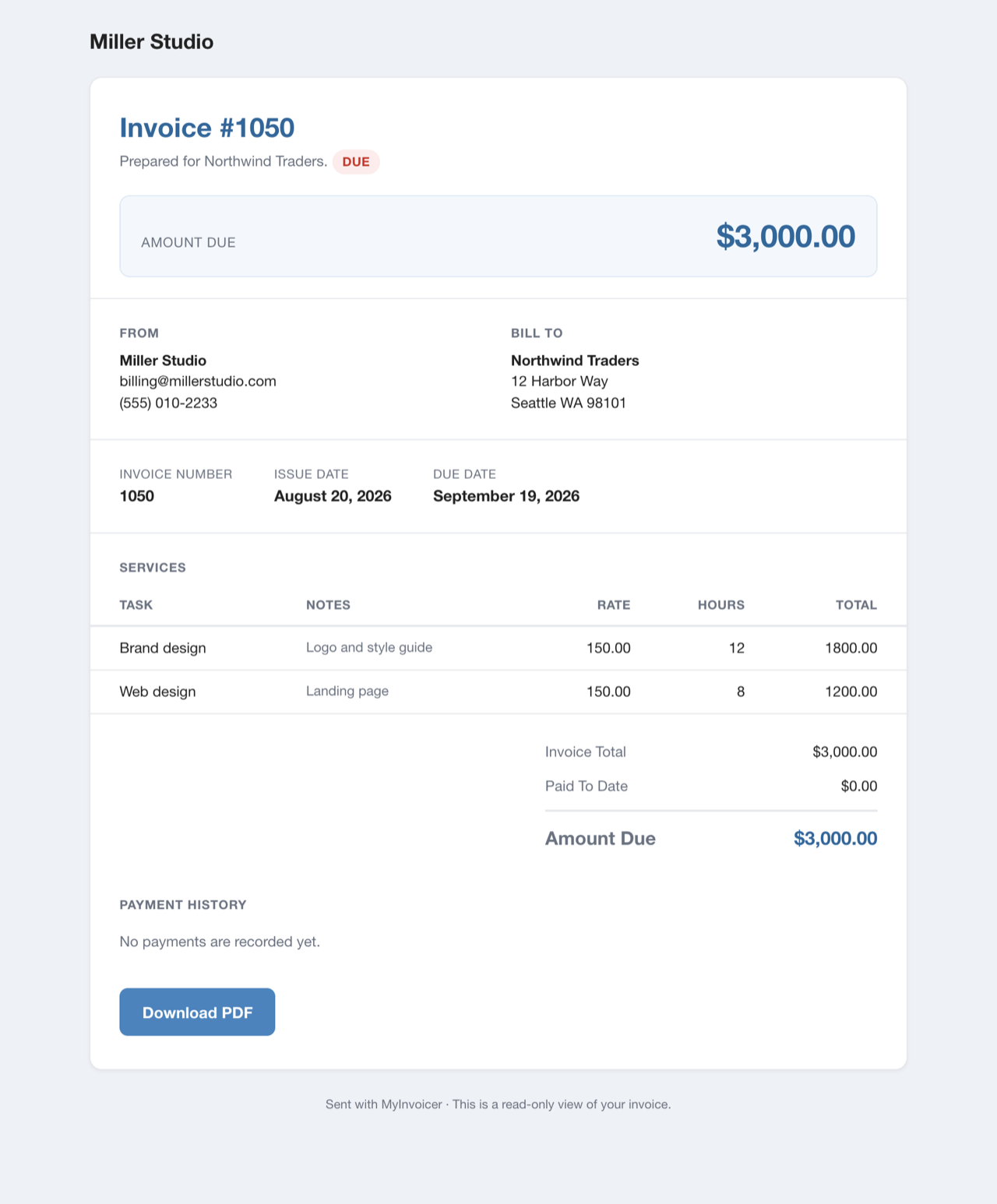 The client portal page. It shows the business name, the amount due, the from and bill-to details, a line-item table, the totals, and a Download PDF button.