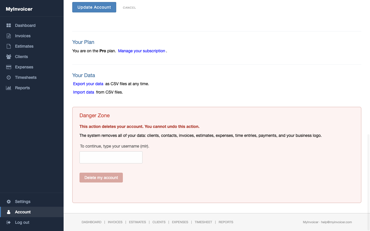 The Danger Zone section on the Account page with a text field to type your username and a Delete my account button.