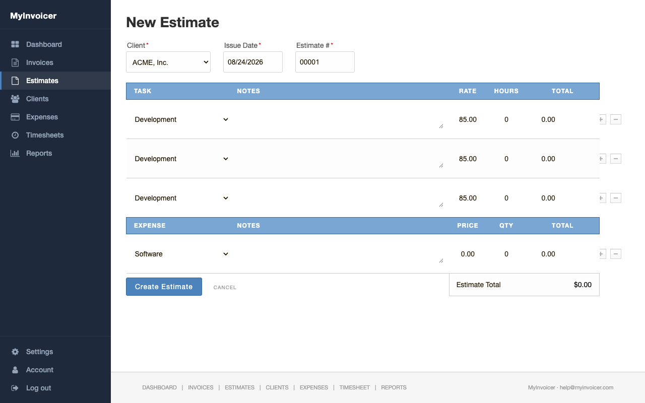 New Estimate form with fields for Client, Issue Date, and Estimate number, followed by task and expense line items.