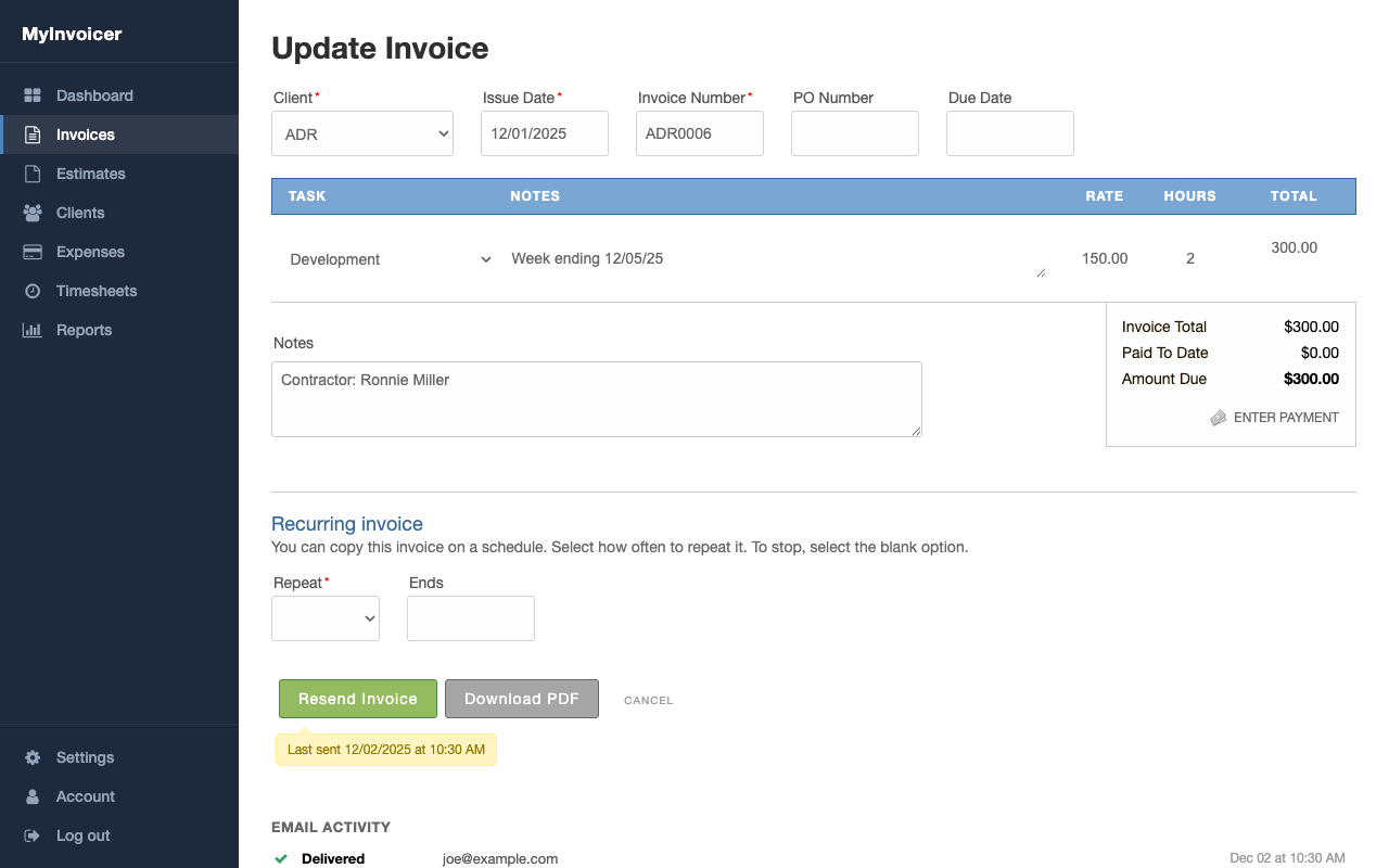 Invoice edit form showing client, dates, a line item for Development, and invoice total summary