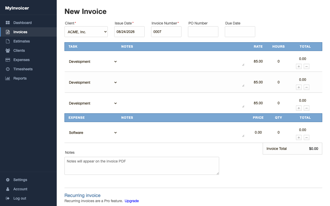 New Invoice form with client, date, invoice number fields and task and expense line item tables