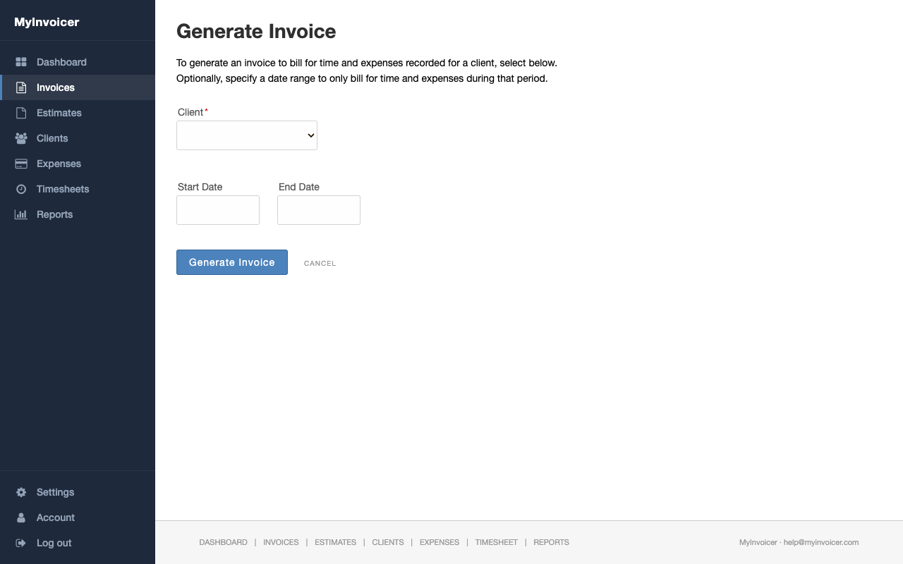 Generate Invoice form with client dropdown, start date, end date, and Generate Invoice button