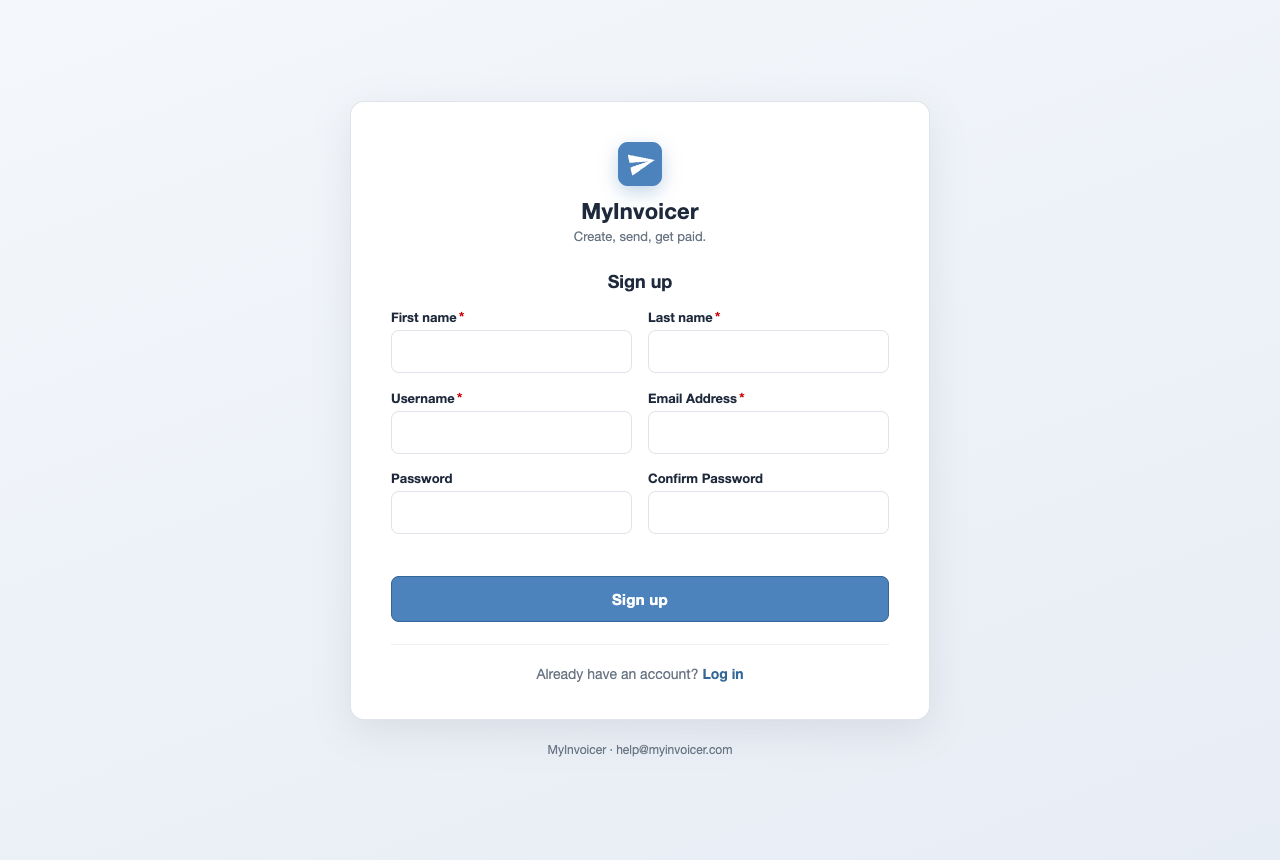 The MyInvoicer sign-up form with fields for first name, last name, username, email address, password, and confirm password.
