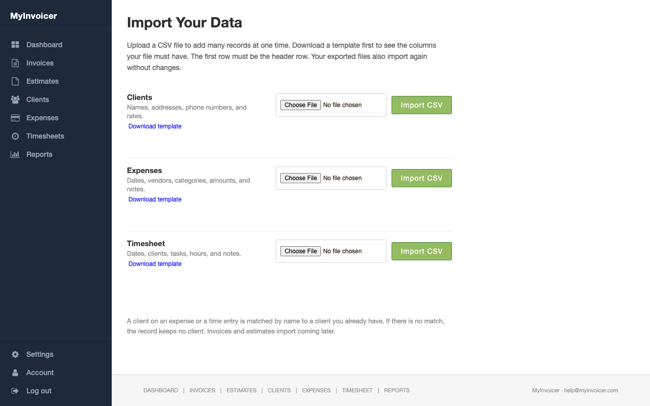 The Import Your Data page. Three sections are shown: Clients, Expenses, and Timesheet. Each section has a description, a Download template link, a Choose File button, and an Import CSV button.