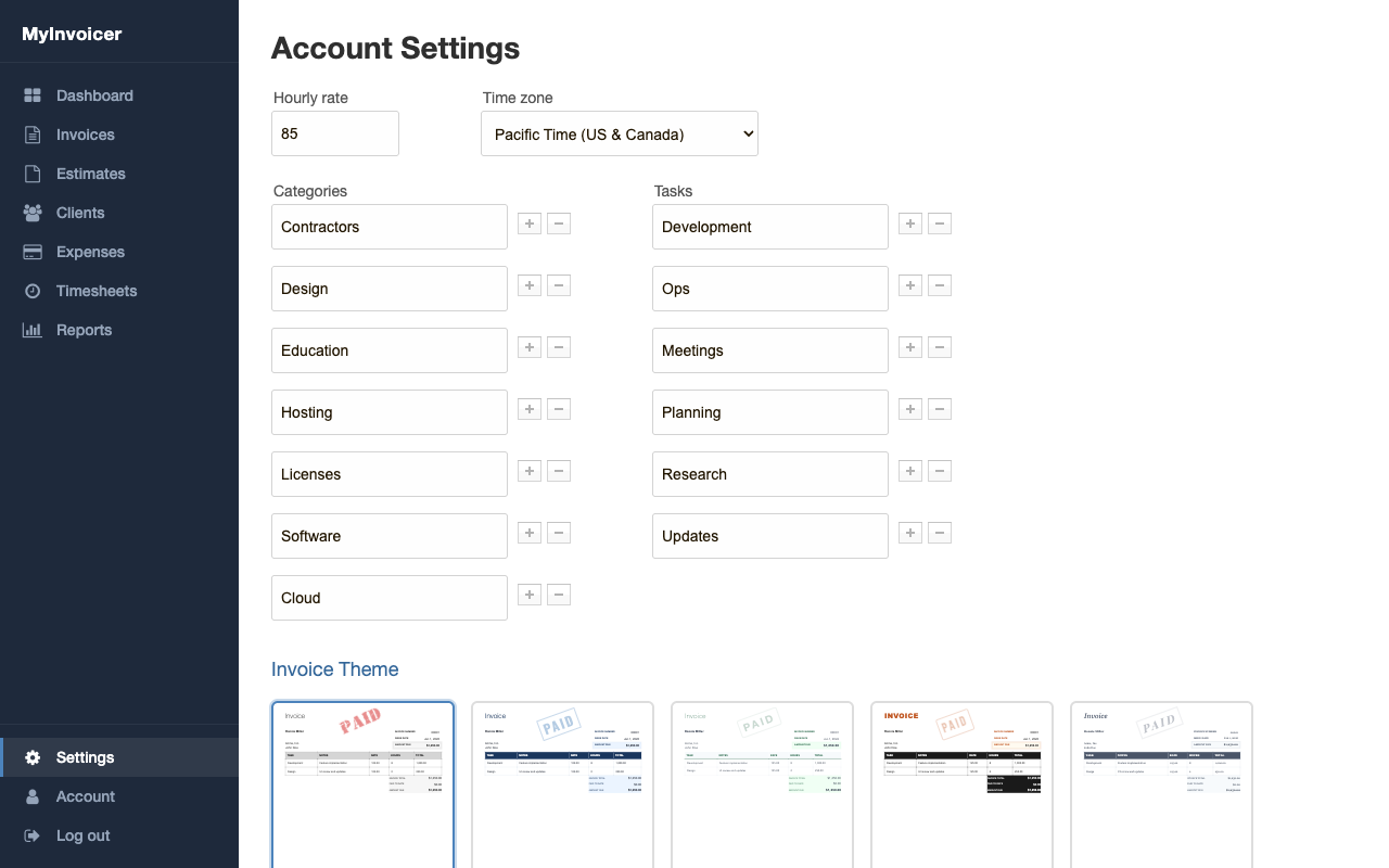 The Settings page with the Invoice Theme section. Five theme preview cards are shown: Classic, Modern, Clean, Bold, and Executive. Classic is selected.