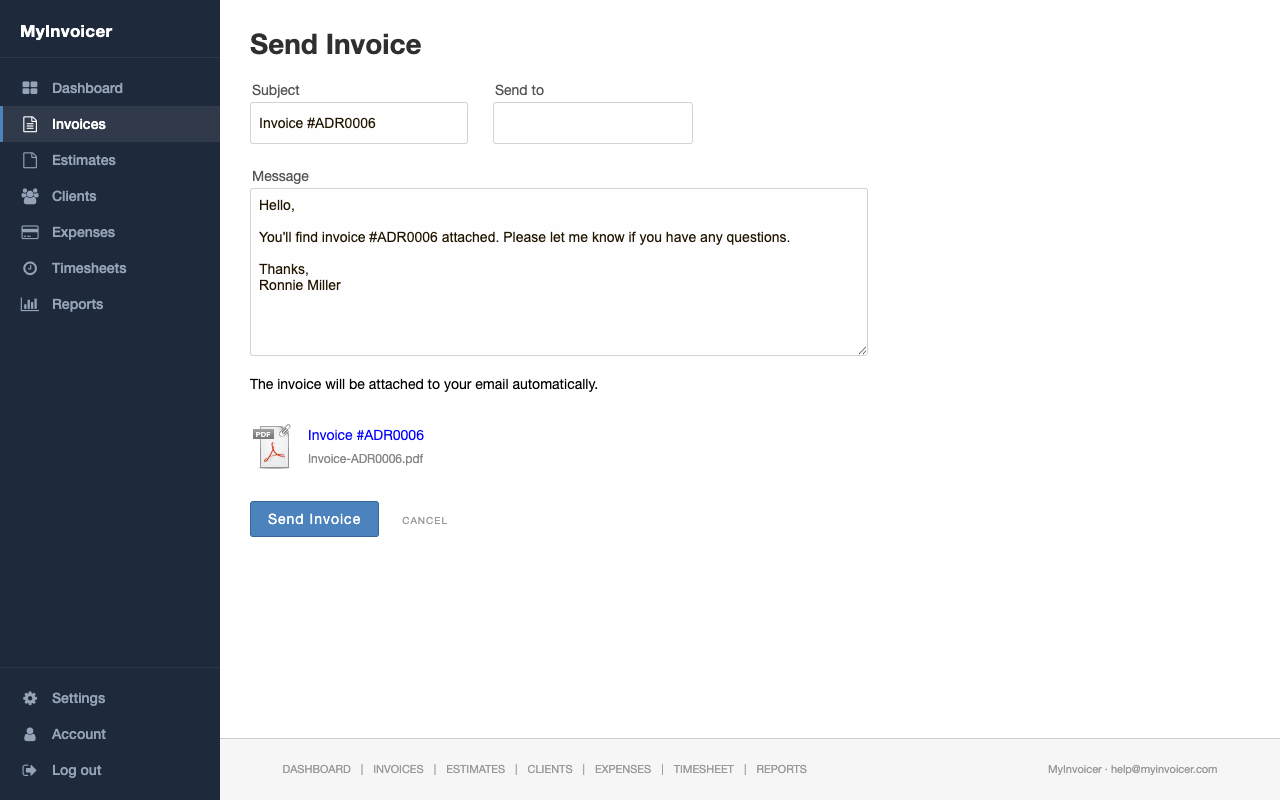 The Send Invoice compose page with a subject field, recipient list, message body, and the attached invoice PDF.