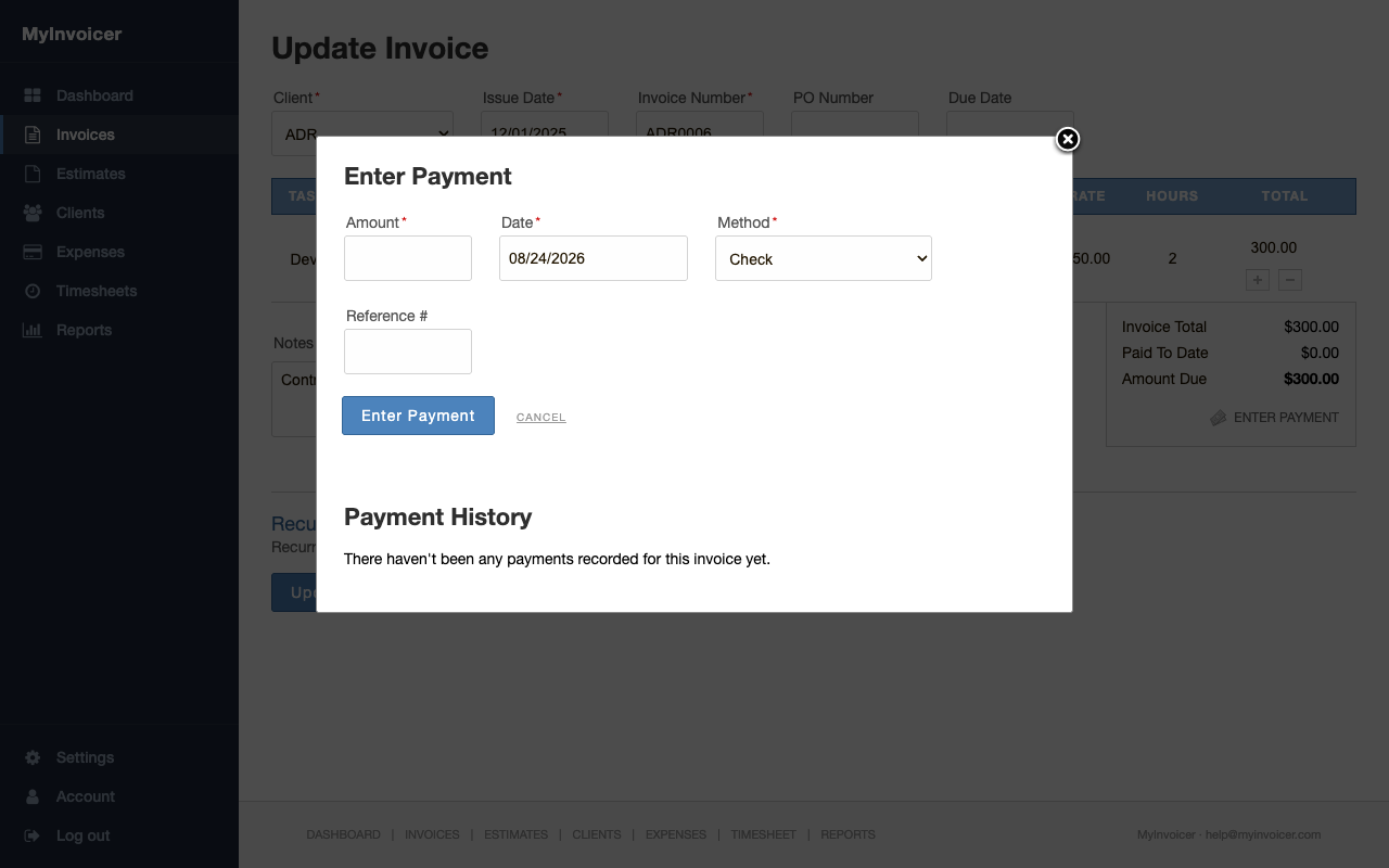 Enter Payment modal with fields for amount, date, method, and reference number, plus a Payment History section below.