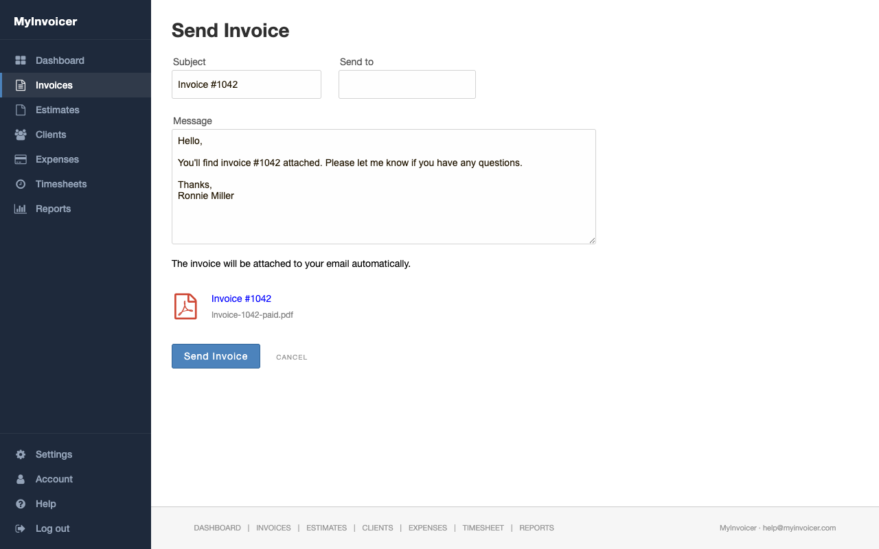 Send Invoice page with Subject, Send to, and Message fields, and a PDF attachment preview.