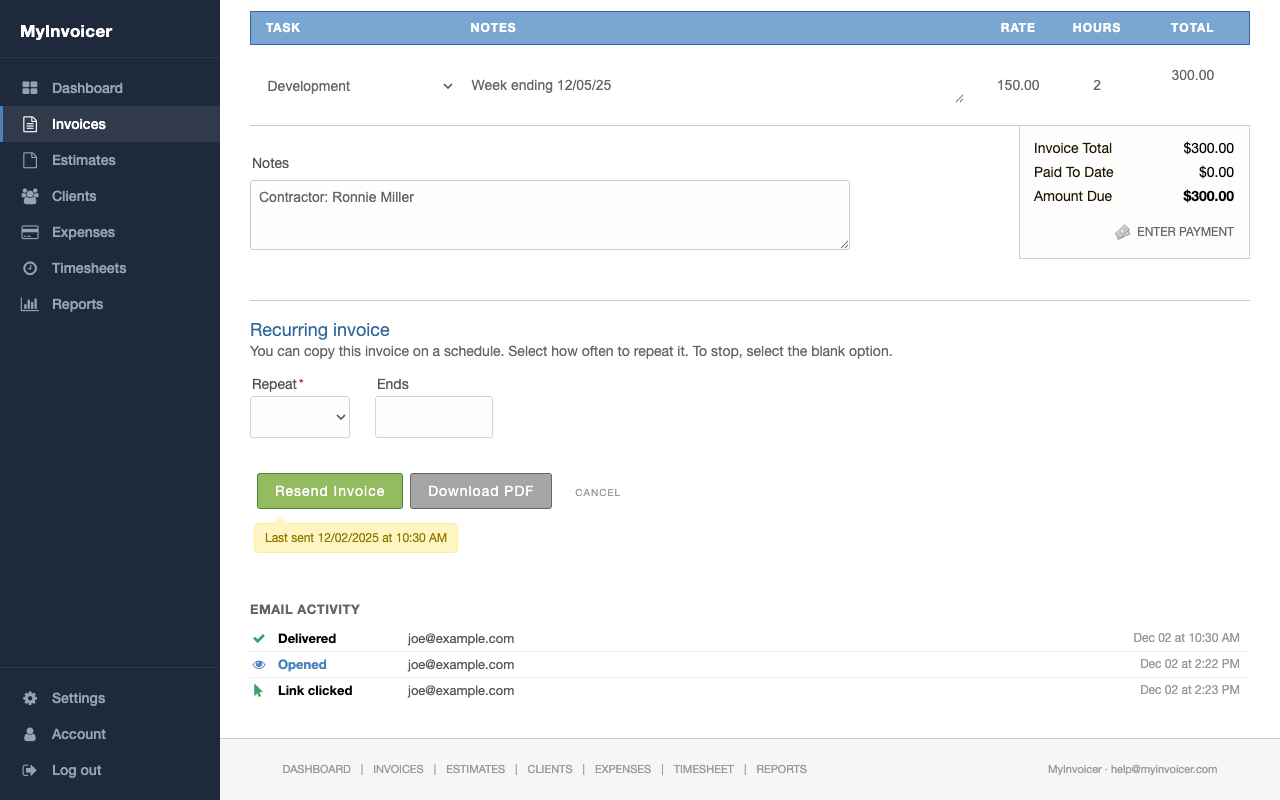 Email Activity section on the invoice page showing Delivered, Opened, Link clicked, Bounced, and Marked as spam events with timestamps.