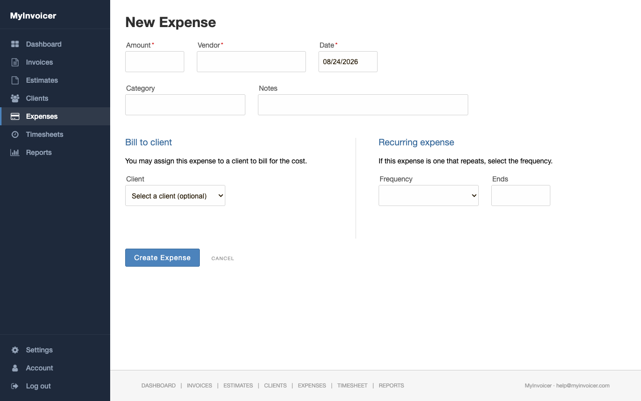 New Expense form with fields for Amount, Vendor, Date, Category, Notes, a Bill to client section, and a Recurring expense section.