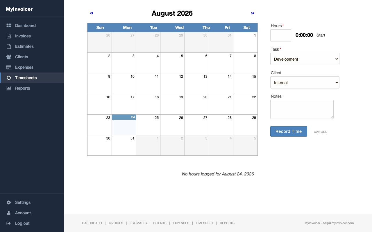 The MyInvoicer timesheet page with a monthly calendar on the left and the time entry form on the right. The form shows fields for Hours, Task, Client, and Notes, with a Record Time button.